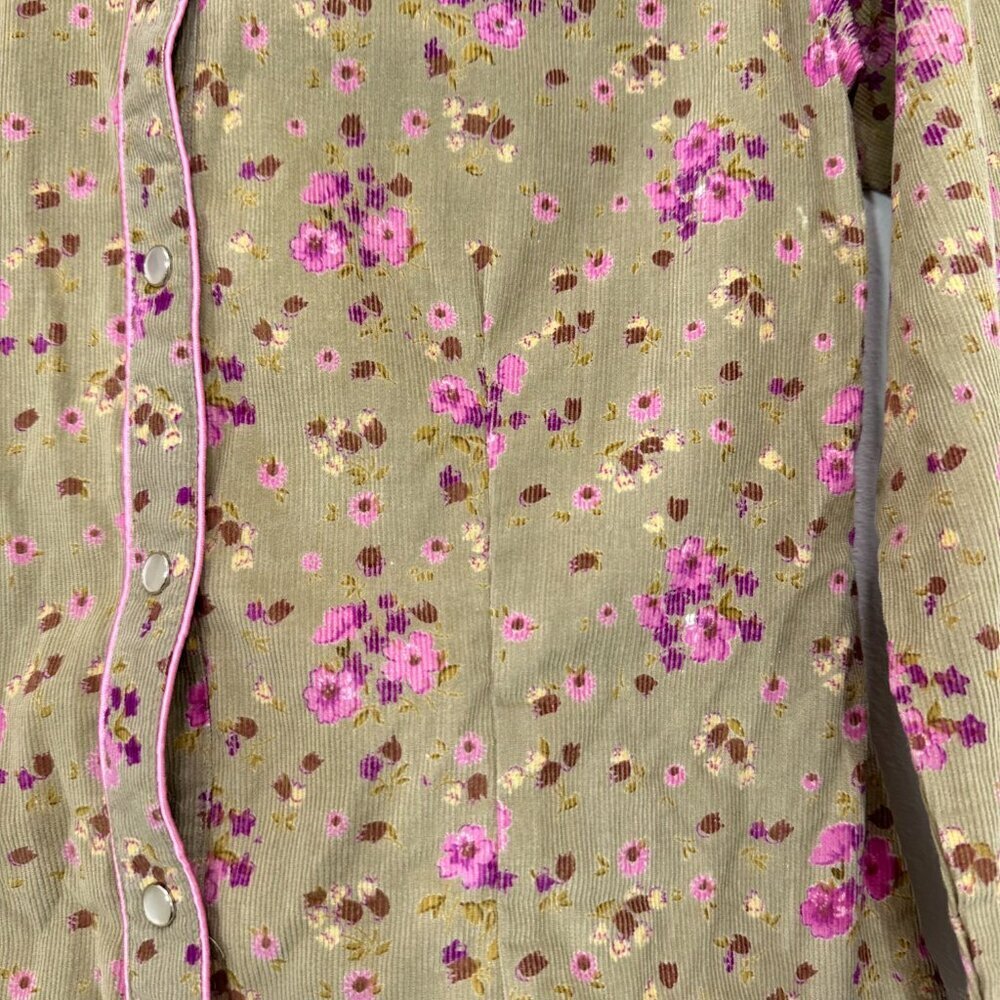 Angie Corduroy Pearl Snap Western Rodeo Retro Green Brown Floral Button Med - Picture 3 of 6